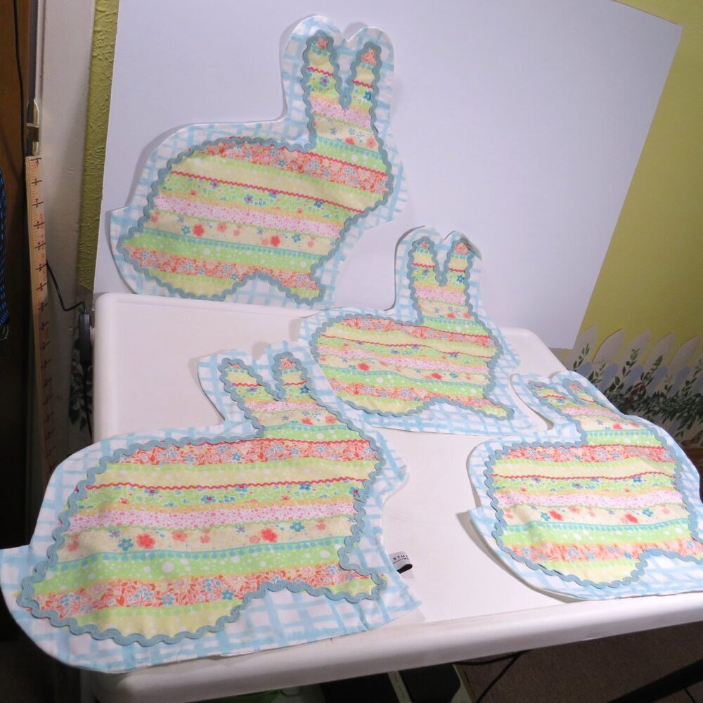 Fabric Easter Bunny Rabbit (4) Placemats with Rick Rack, stripes- quilted look,